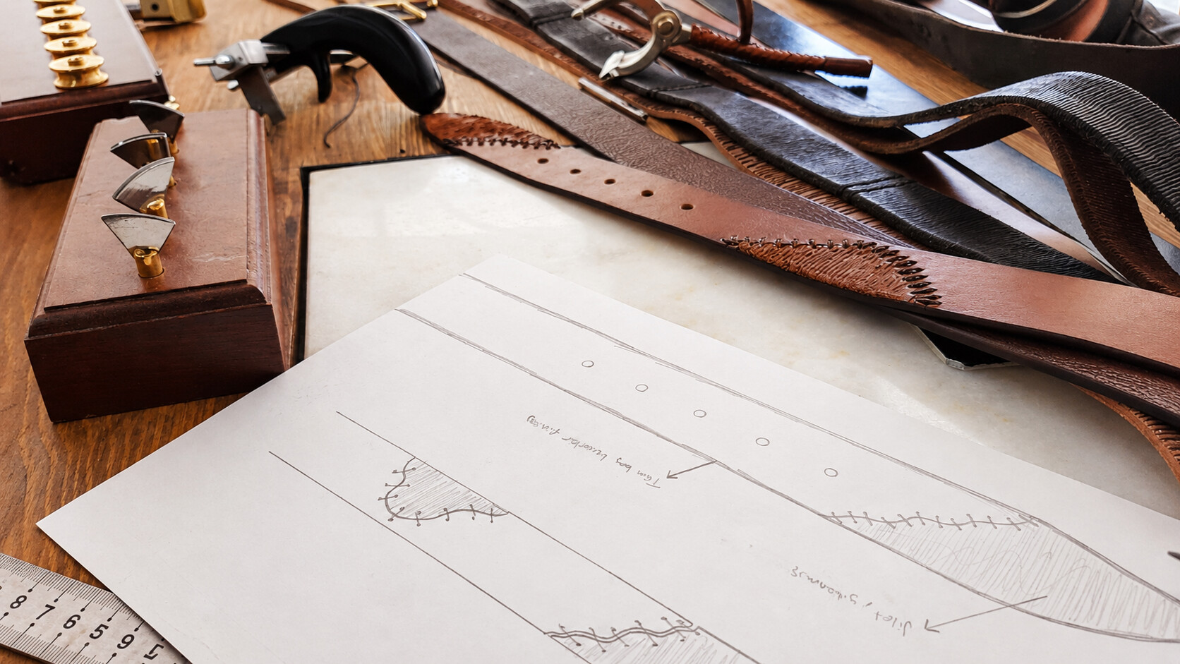 Belt sketches, leather samples and hardware